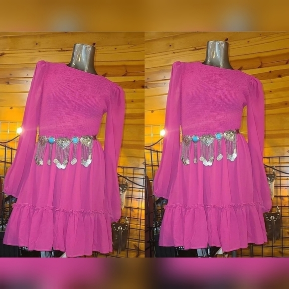 Crewneck Long Sleeve Smocked Ruffle Hem Dress A-Line Flowy Mini Tiered D… - Picture 4 of 10